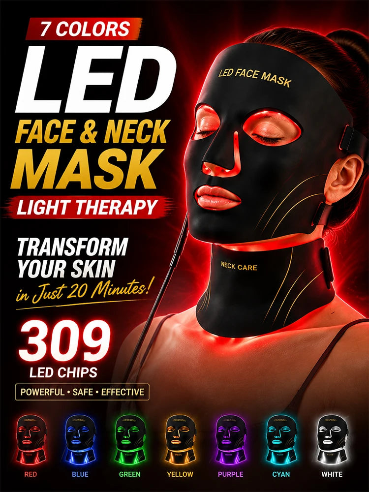 7-Color LED Face and Neck Mask Light Therapy – Cordless Silicone Photon Therapy Device with 309 LED Chips for Anti-Aging & Acne