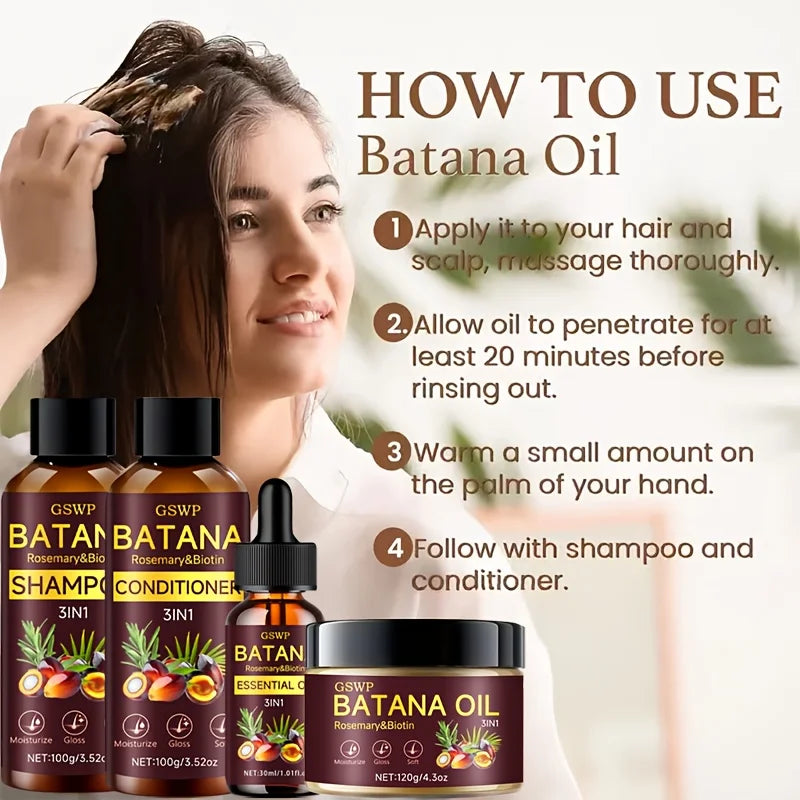 GSWP 4-in-1 Batana Oil Hair Care Set – Rosemary & Biotin Infused Shampoo, Conditioner, Essential Oil & Hair Mask for Growth, Moisture & Shine