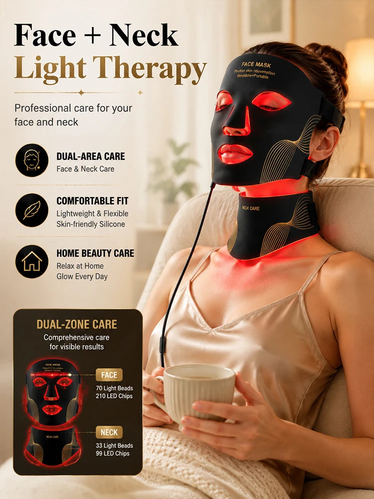 7-Color LED Face and Neck Mask Light Therapy – Cordless Silicone Photon Therapy Device with 309 LED Chips for Anti-Aging & Acne