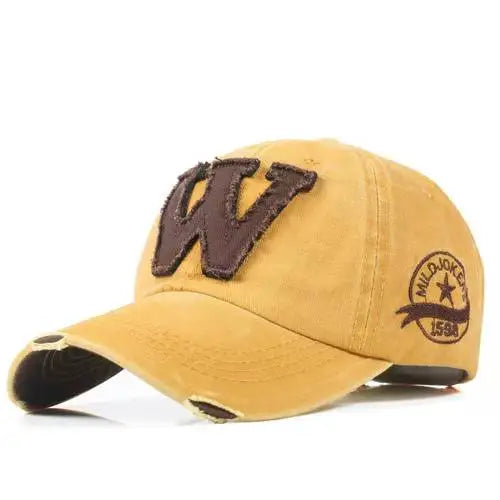 Vintage Washed Cotton Distressed Baseball Cap – Letter W Applique Dad Hat