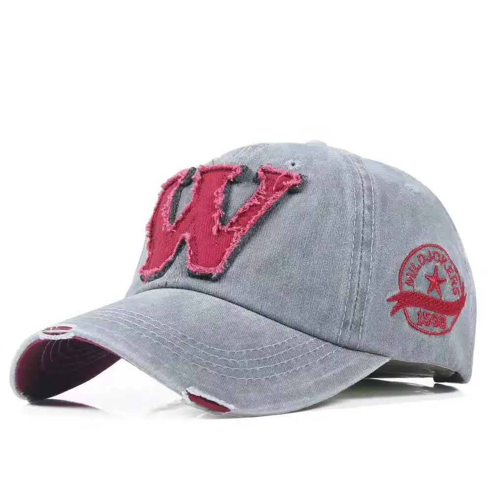 Vintage Washed Cotton Distressed Baseball Cap – Letter W Applique Dad Hat
