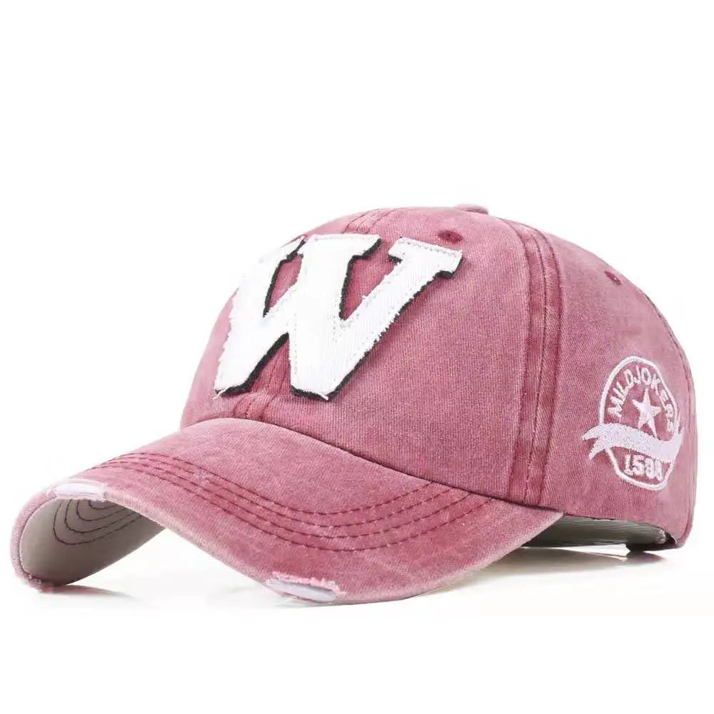 Vintage Washed Cotton Distressed Baseball Cap – Letter W Applique Dad Hat