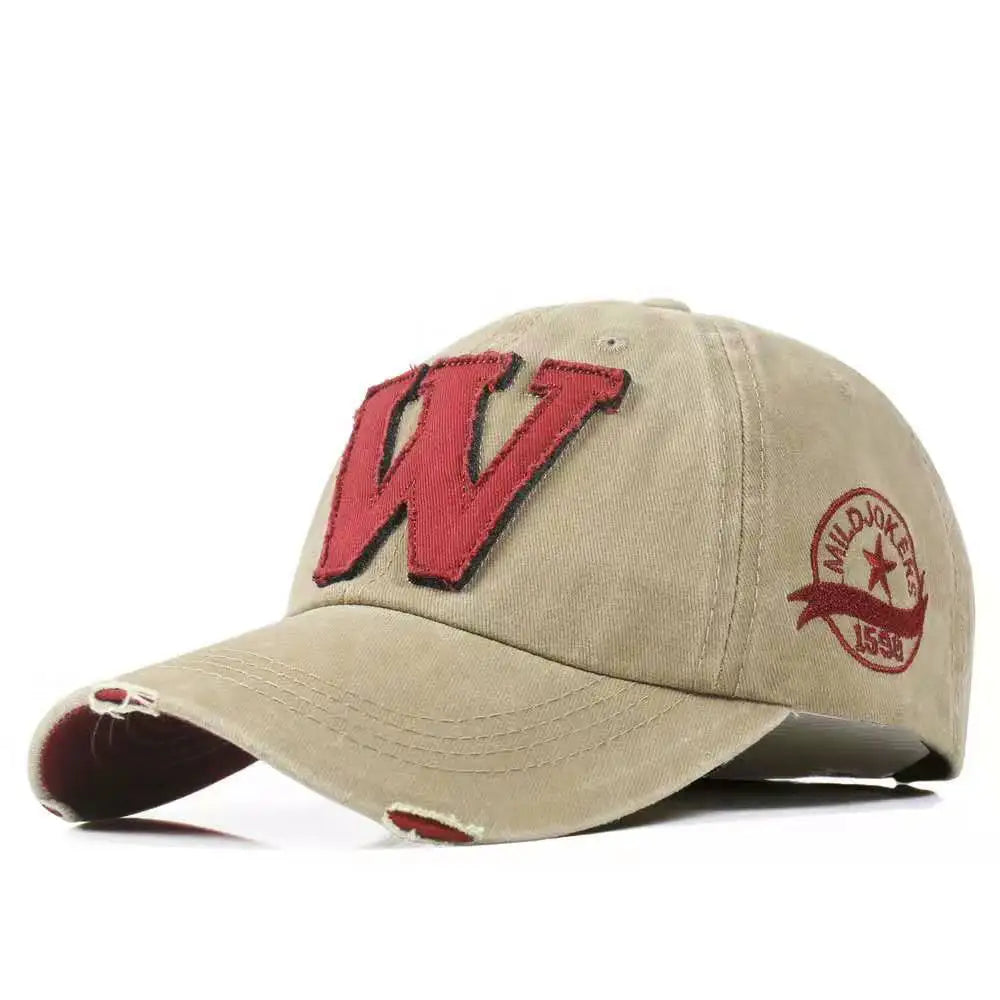 Vintage Washed Cotton Distressed Baseball Cap – Letter W Applique Dad Hat