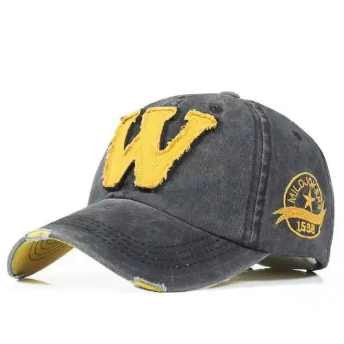 Vintage Washed Cotton Distressed Baseball Cap – Letter W Applique Dad Hat