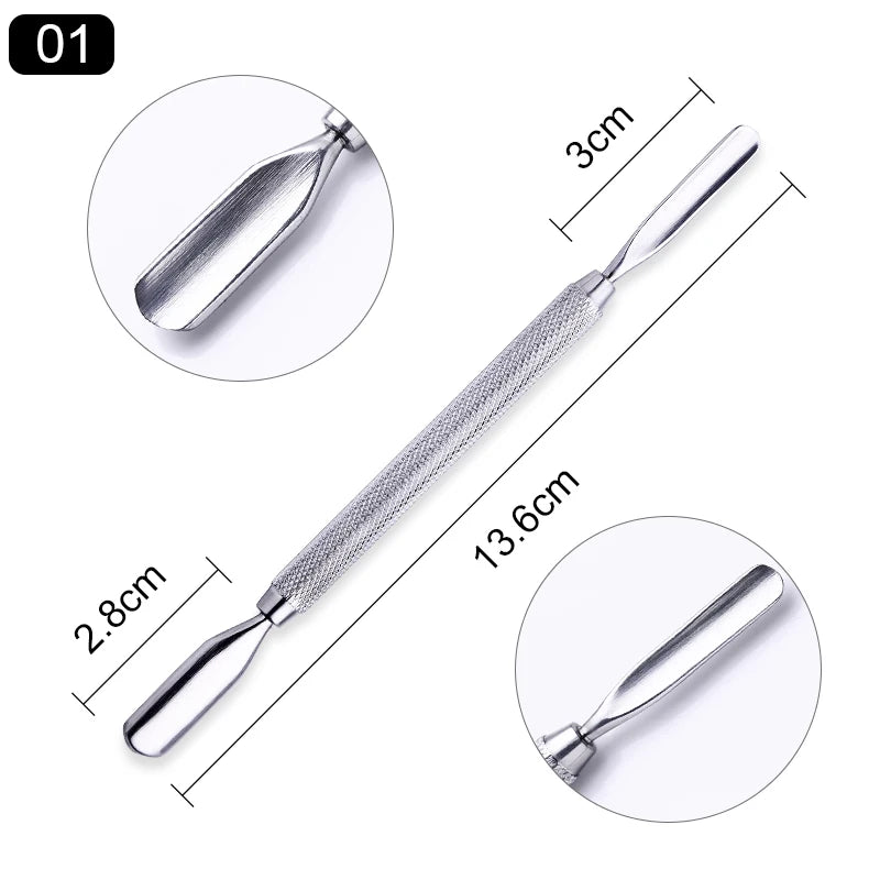 Professional Stainless Steel Dual-End Cuticle Pusher & Gel Polish Scraper Set