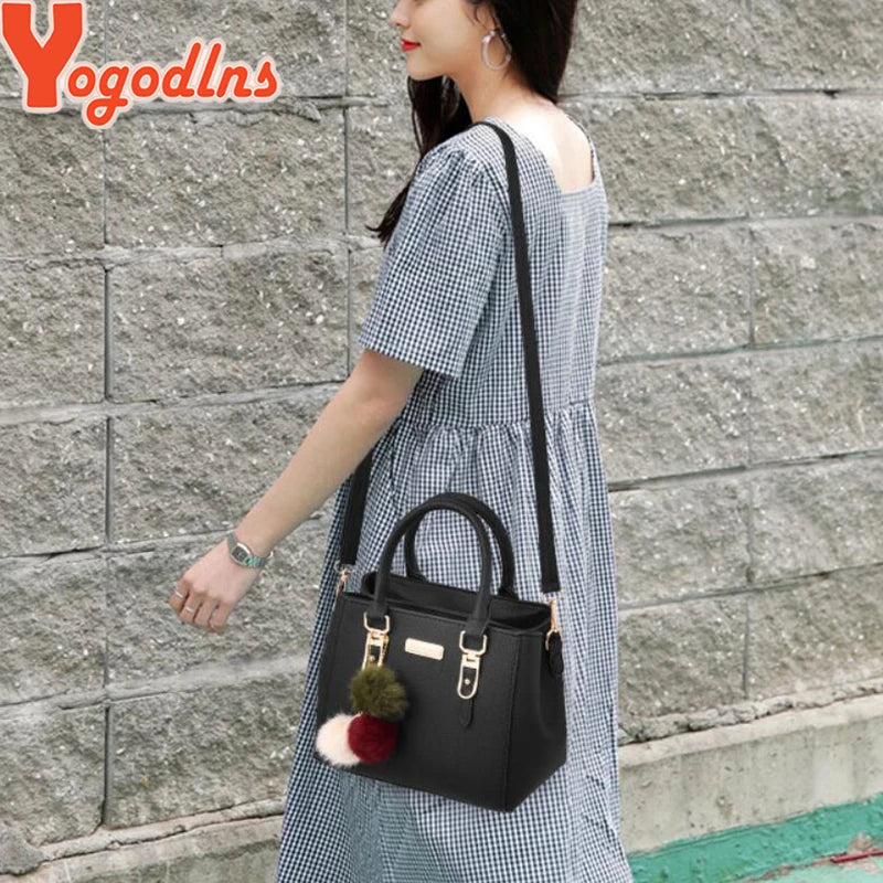 Structured Pebbled Leather Top-Handle Tote Bag with Pom-Pom Charm & Crossbody Strap