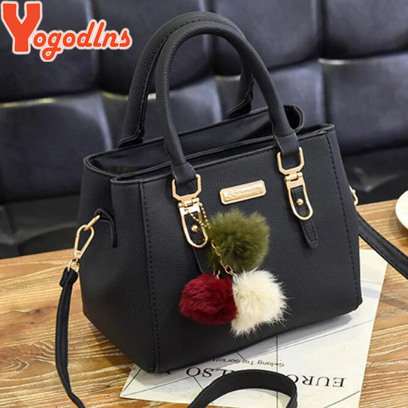 Structured Pebbled Leather Top-Handle Tote Bag with Pom-Pom Charm & Crossbody Strap