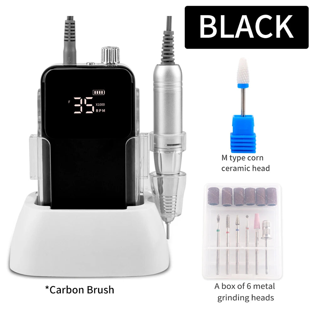 Portable Professional 35,000 RPM Rechargeable Electric Nail Drill Set with LCD Screen & Desktop Charging Base