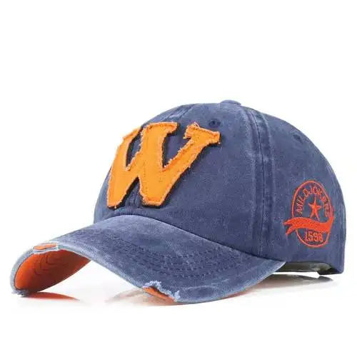 Vintage Washed Cotton Distressed Baseball Cap – Letter W Applique Dad Hat