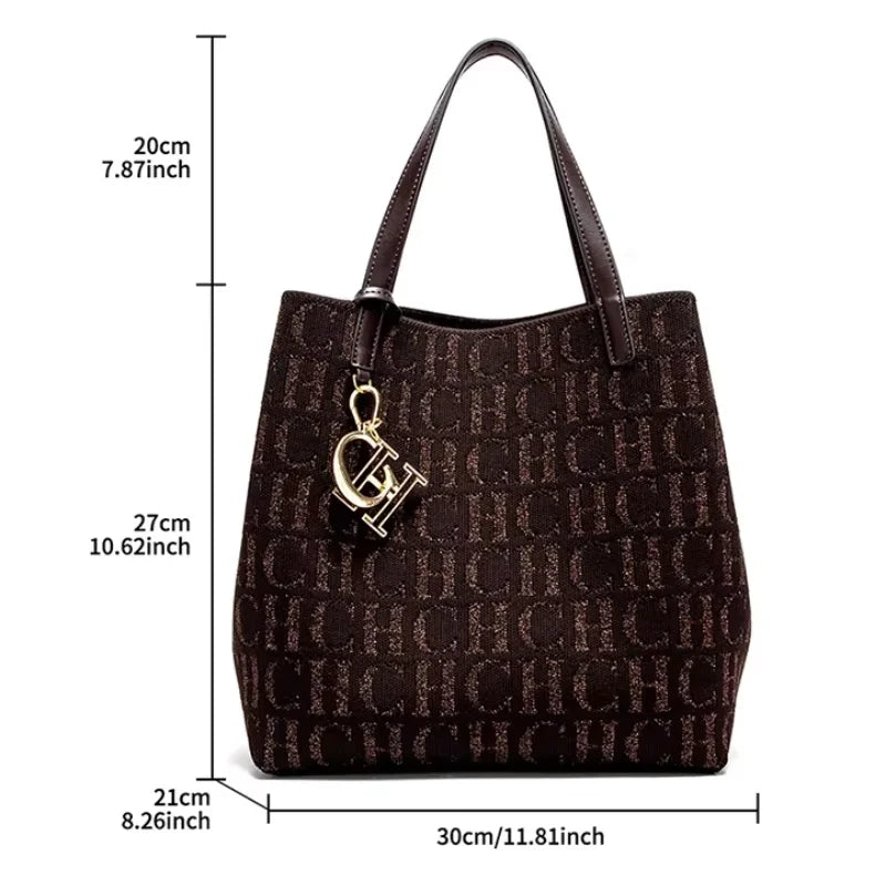Elegant Women's Monogram Jacquard Tote Bag - Top Handle Shoulder Bag with Gold Initial Charm
