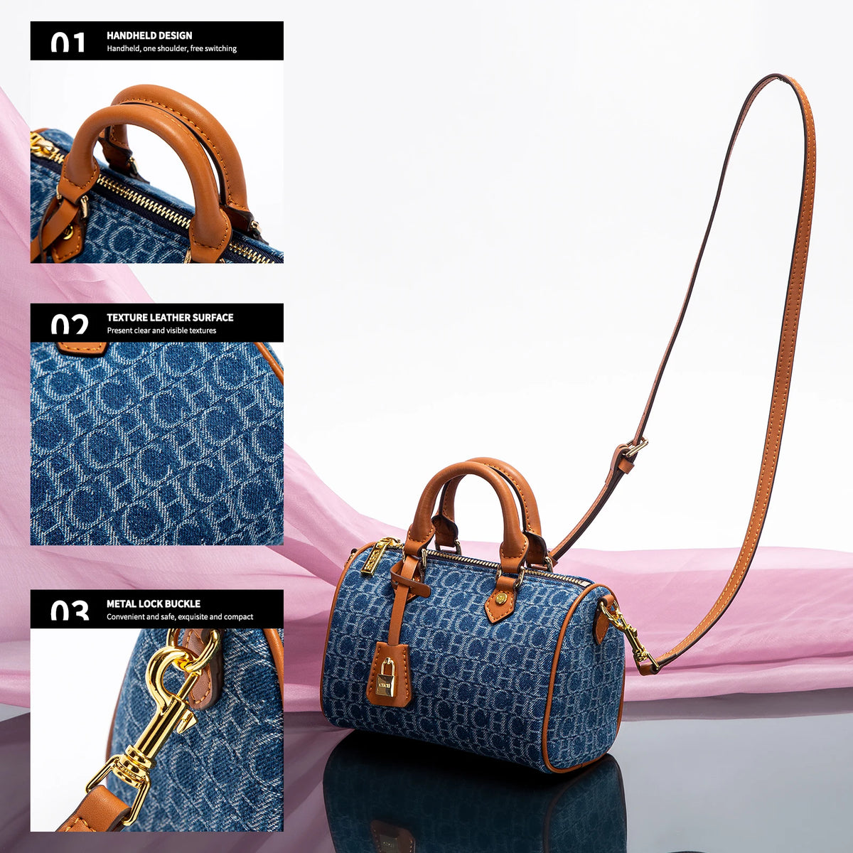 Vintage Denim Monogram Mini Boston Bag with Lock Charm & Crossbody Strap