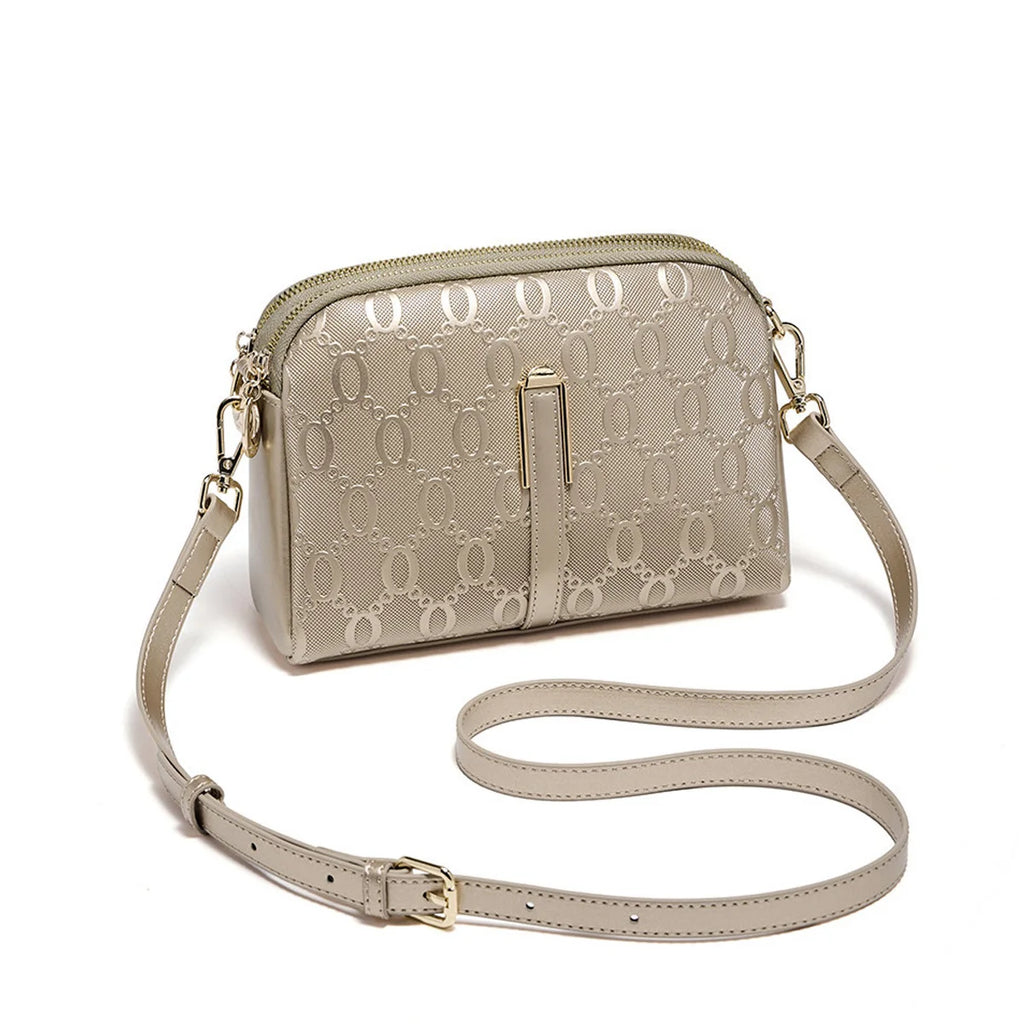 FOXER Women's Monogram Embossed Crossbody Bag – Luxury Double-Zipper Shoulder Camera Bag