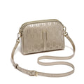 FOXER Women's Monogram Embossed Crossbody Bag – Luxury Double-Zipper Shoulder Camera Bag