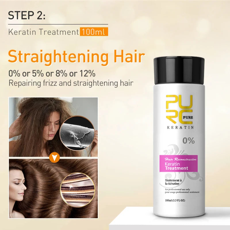 PURC Travel Keratin Treatment & Purifying Shampoo Set (2x 100ml) – Brazilian Straightening & Repair Kit (0%, 8%, 12%)