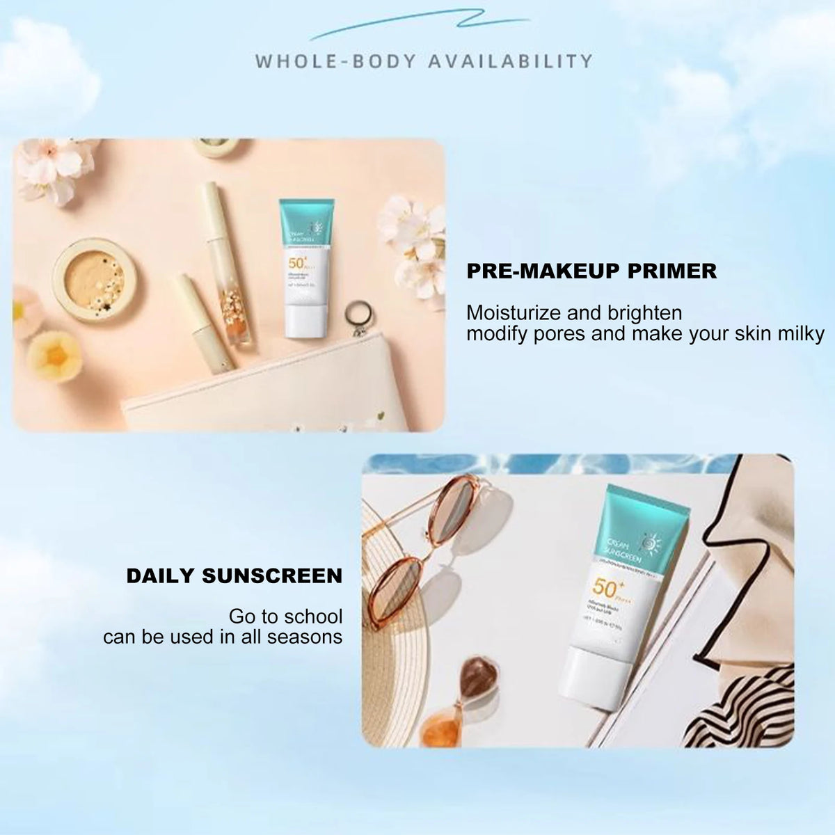 SPF50+ PA+++ Isolation Cream Sunscreen (50g) – Broad Spectrum UVA/UVB Daily UV Defense & Makeup Primer