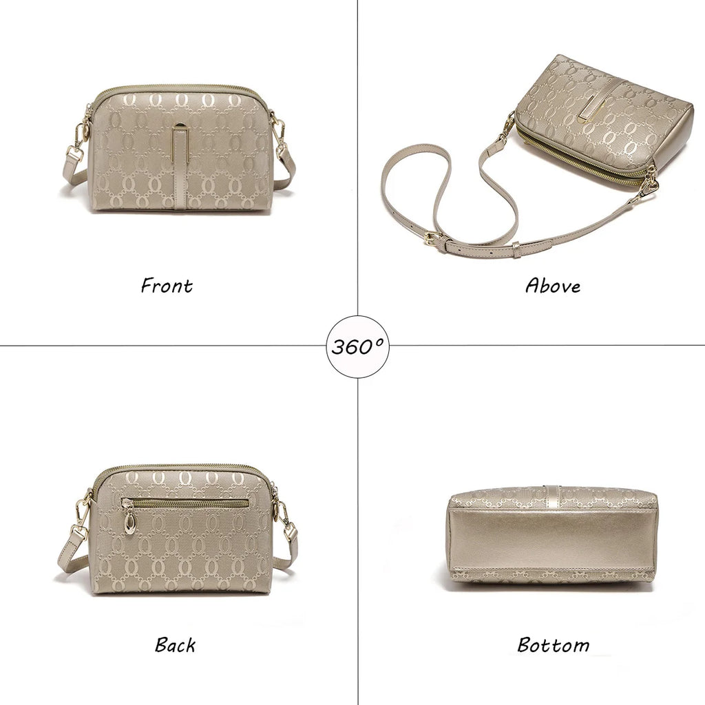 FOXER Women's Monogram Embossed Crossbody Bag – Luxury Double-Zipper Shoulder Camera Bag