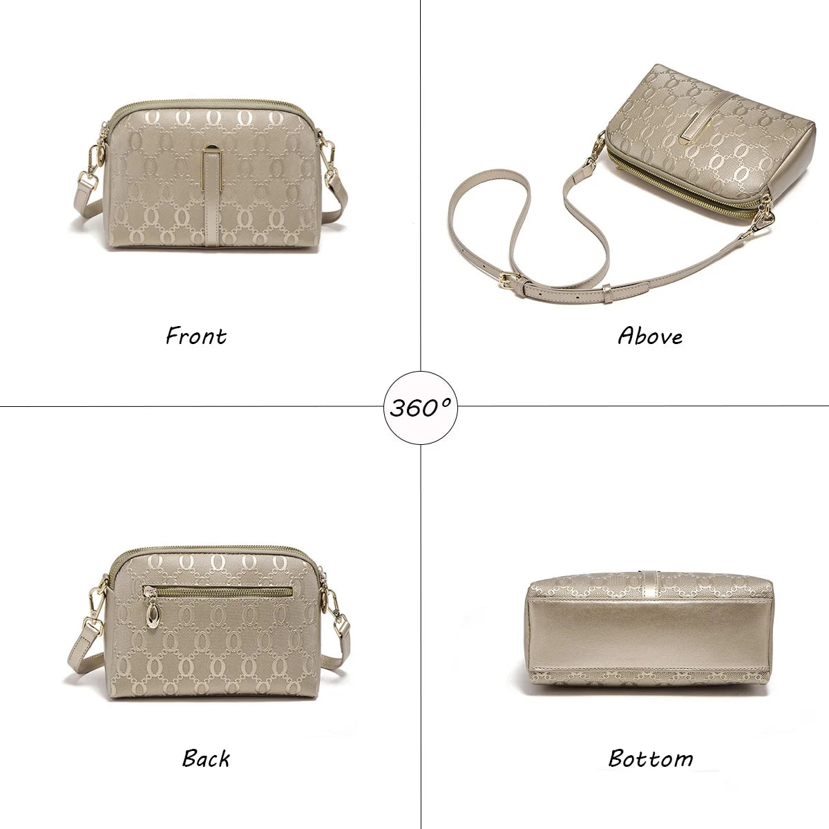 FOXER Women's Monogram Embossed Crossbody Bag – Luxury Double-Zipper Shoulder Camera Bag