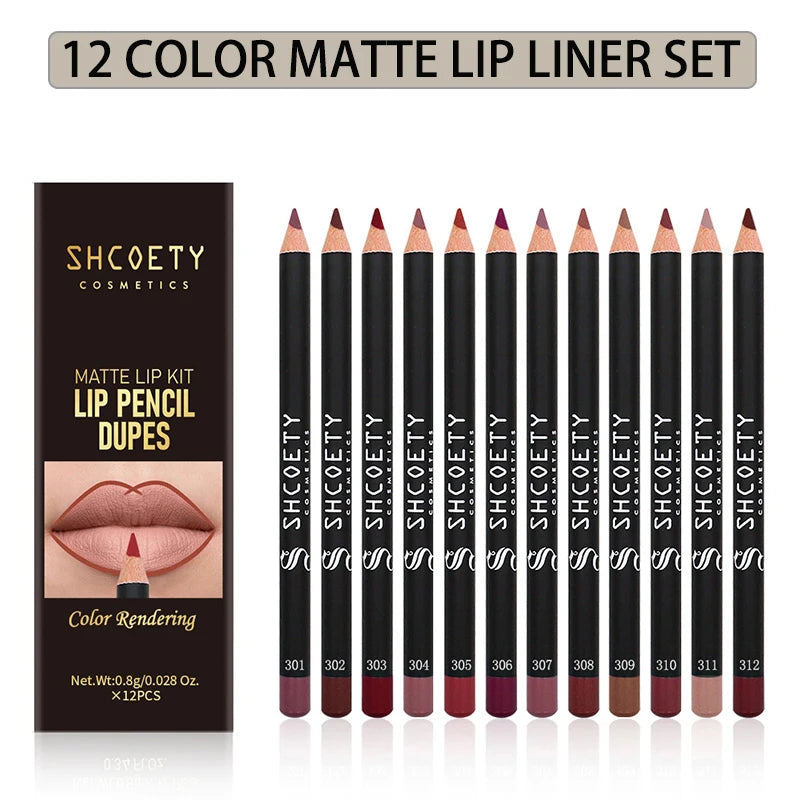 SHCOETY 12-Piece Matte Lip Liner Pencil Set – Creamy, Long-Lasting Waterproof Lip Defining Kit
