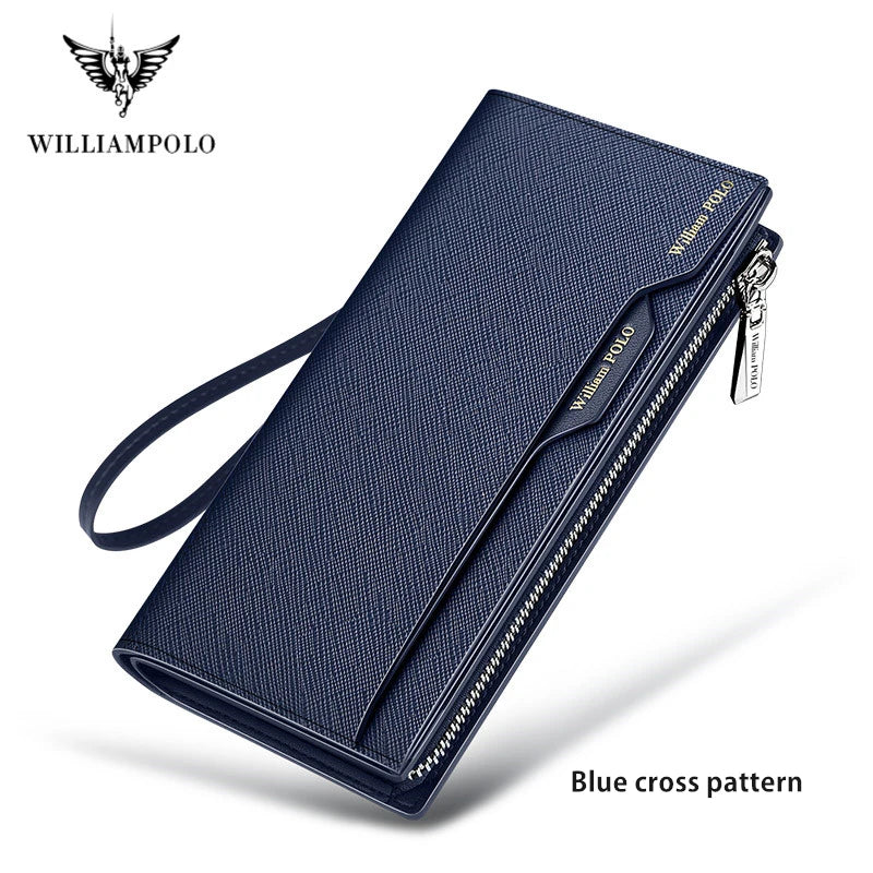 WILLIAM POLO Men’s Long Leather Wallet – Multi-Card Bifold Clutch with Removable Card Holder & Phone Zipper Pocket