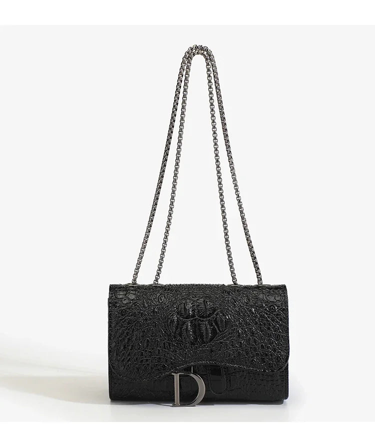 Crocodile Embossed Saddle Flap Crossbody Bag with Gunmetal Chain & Letter Charm