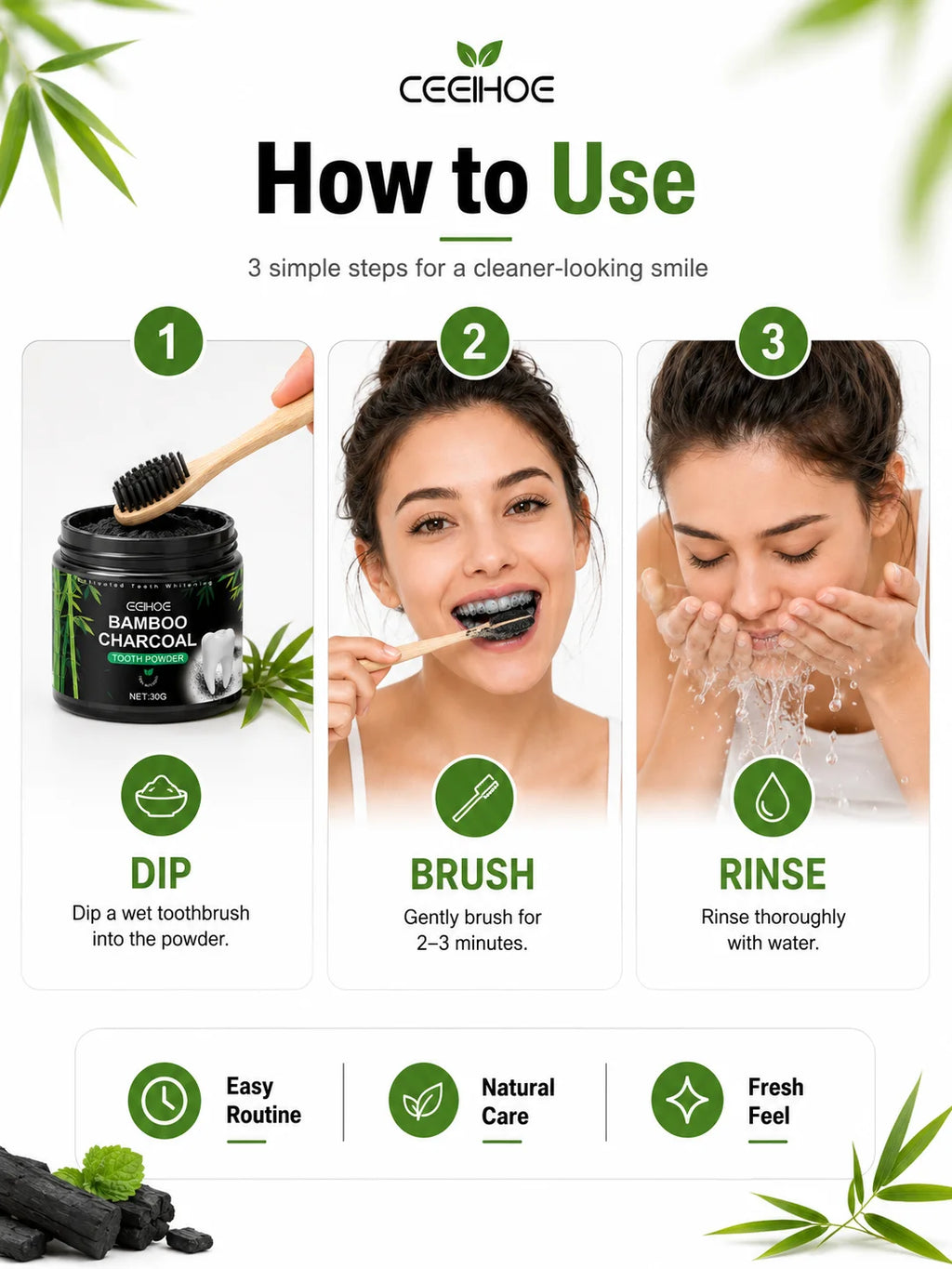 EEHOE™ Activated Bamboo Charcoal Teeth Whitening Powder – Natural Stain Removal & Enamel Care (30g)