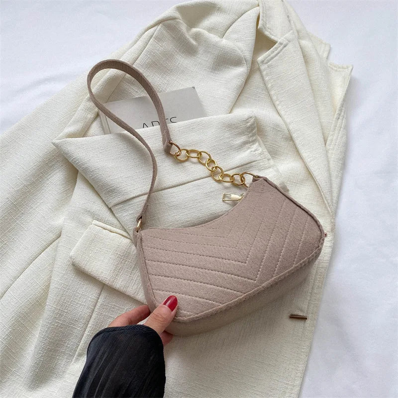 Chevron Quilted Felt Mini Baguette Shoulder Bag with Gold Chain Accent