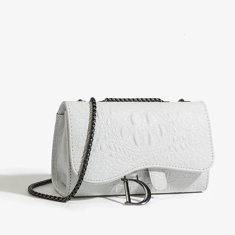 Crocodile Embossed Saddle Flap Crossbody Bag with Gunmetal Chain & Letter Charm