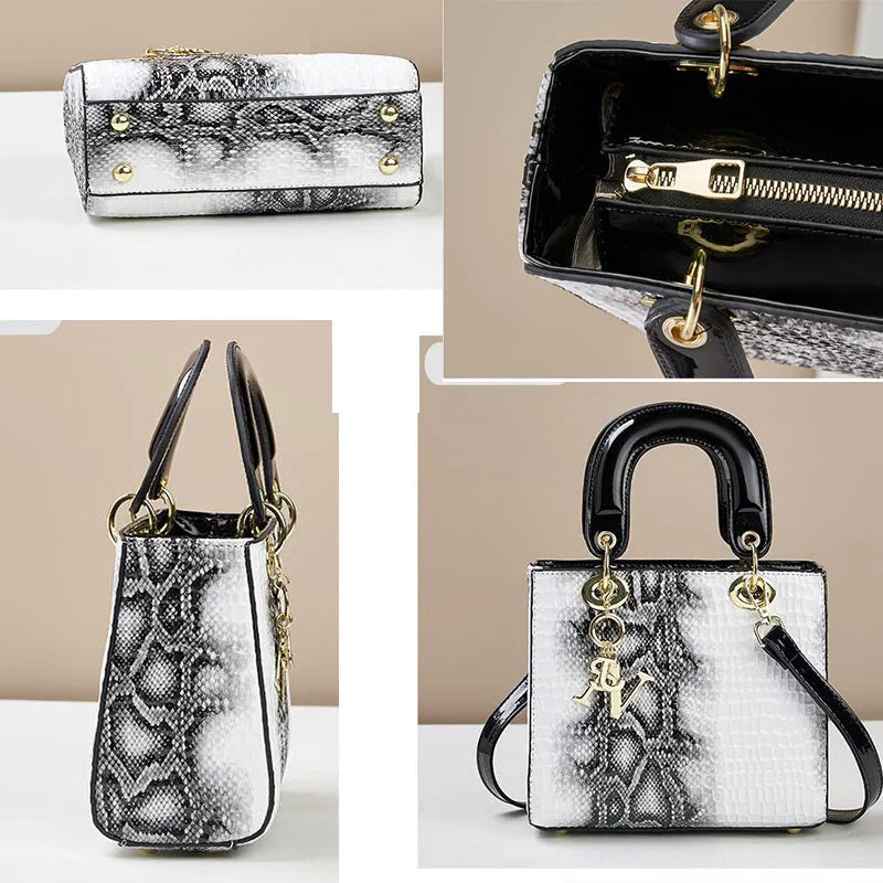 Glossy Embossed Crocodile Mini Tote Bag with Gold Charm & Crossbody Strap