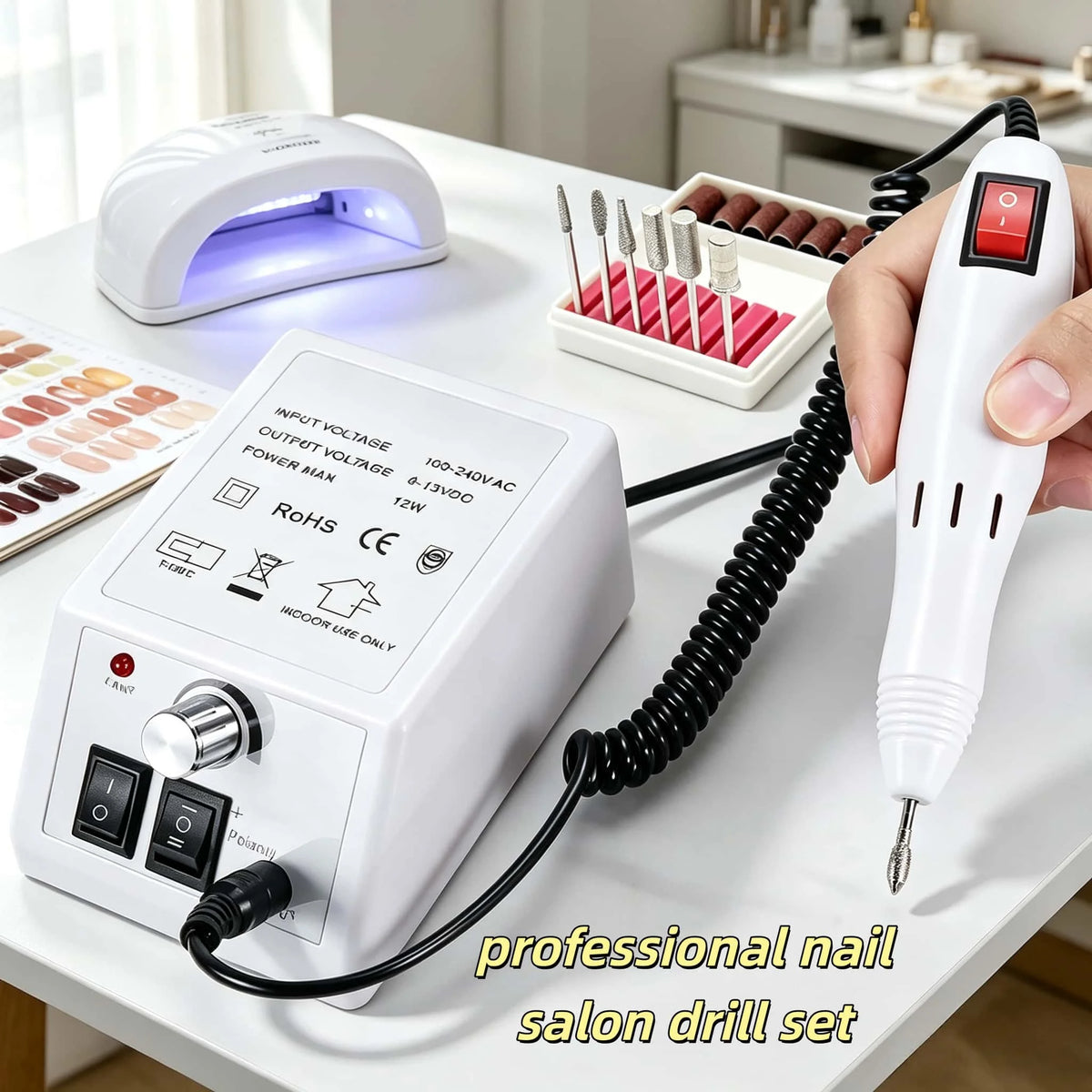 Professional Electric Nail Drill Kit 20000 RPM – Portable E-File Machine with 6 Metal Bits & Sanding Bands