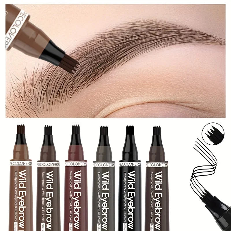 PECOLOVERS Wild Eyebrow Pen - 4-Fork Microblading Tattoo Tint & Waterproof Liquid Brow Pencil