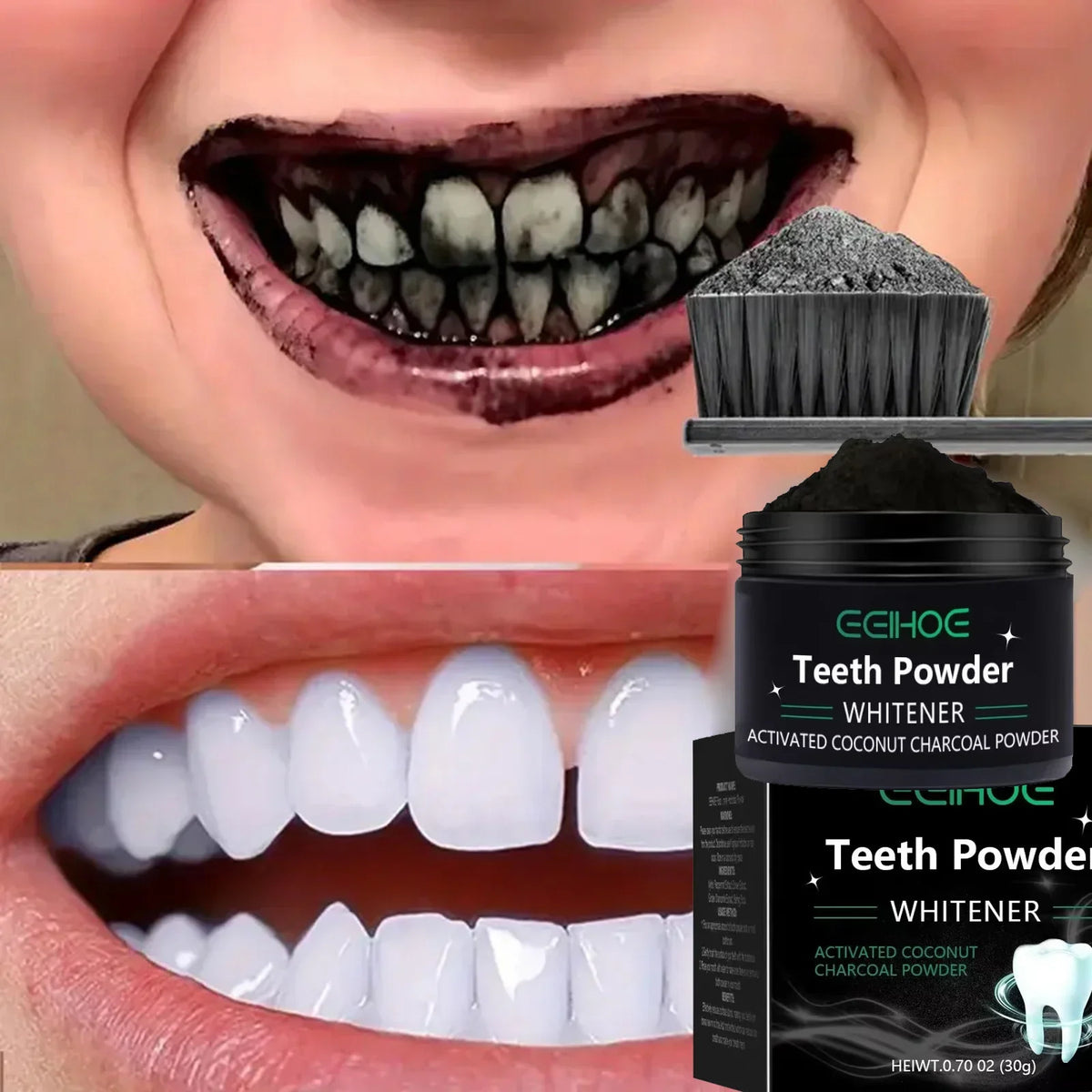 EEHOE™ Activated Coconut Charcoal Teeth Whitening Powder – Natural Stain Removal & Fresh Breath (30g)