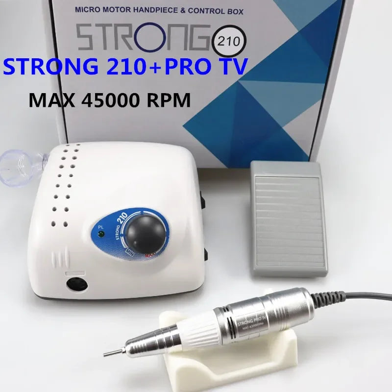 Professional STRONG 210 Electric Nail Drill Set – 45000 RPM Micro Motor E-File Machine with Foot Pedal