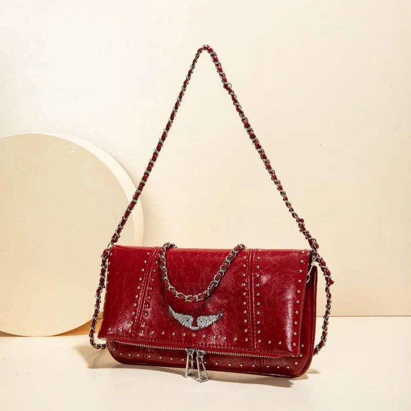 Grunge Angel Wing Foldover Crossbody Bag – Studded Faux Leather Shoulder Clutch