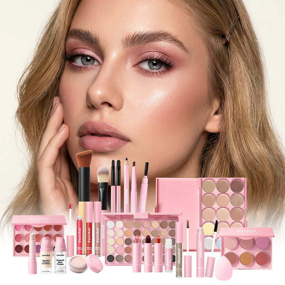 Danchel All-in-One Full-Face Makeup Kit – Ultimate Cosmetics Set with Palettes, Brushes & Travel Bag