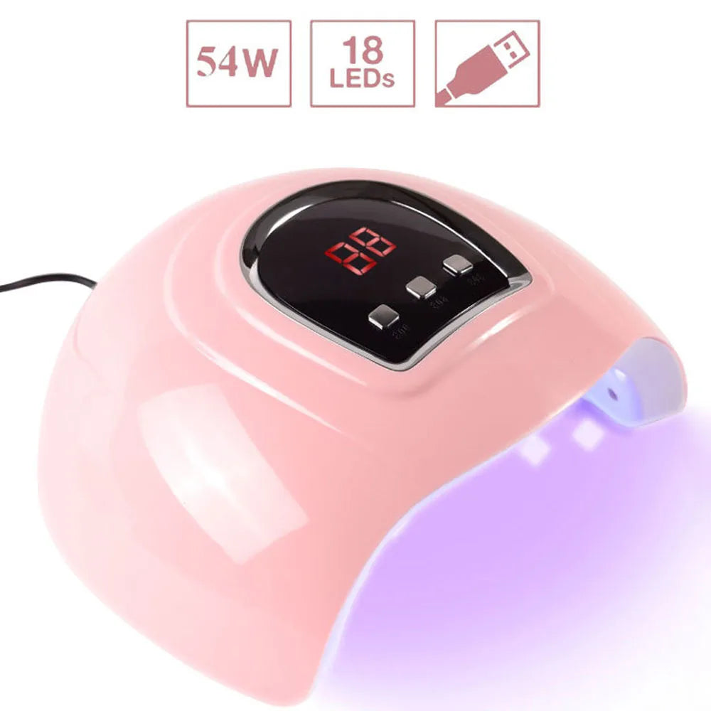Professional 54W / 36W Pink UV LED Nail Lamp - Portable USB Phototherapy Machine for Gel Polish with HD Digital Timer