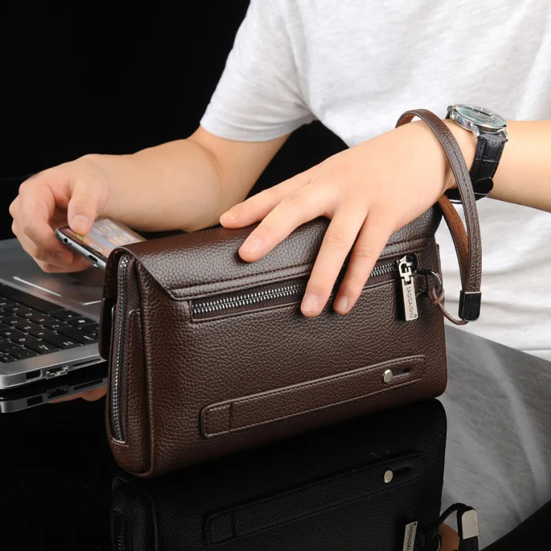 Premium Mens Genuine Leather Large Capacity Business Clutch Wristlet Wallet