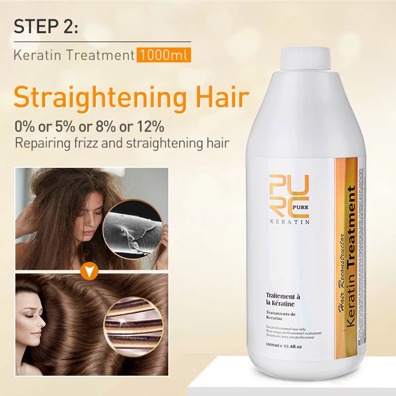 PURC Professional Keratin Treatment Set (1000ml) & Purifying Shampoo (300ml) – Brazilian Straightening & Repair System