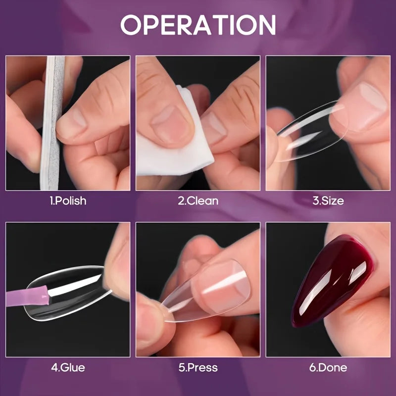 Soft Gel Almond Nail Tips Set – Clear Full Cover Press-On Nails with Thin Cuticle Edge