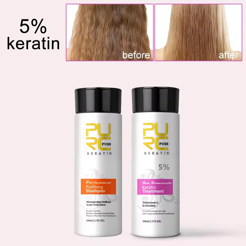 PURC Travel Keratin Treatment & Purifying Shampoo Set (2x 100ml) – Brazilian Straightening & Repair Kit (0%, 8%, 12%)