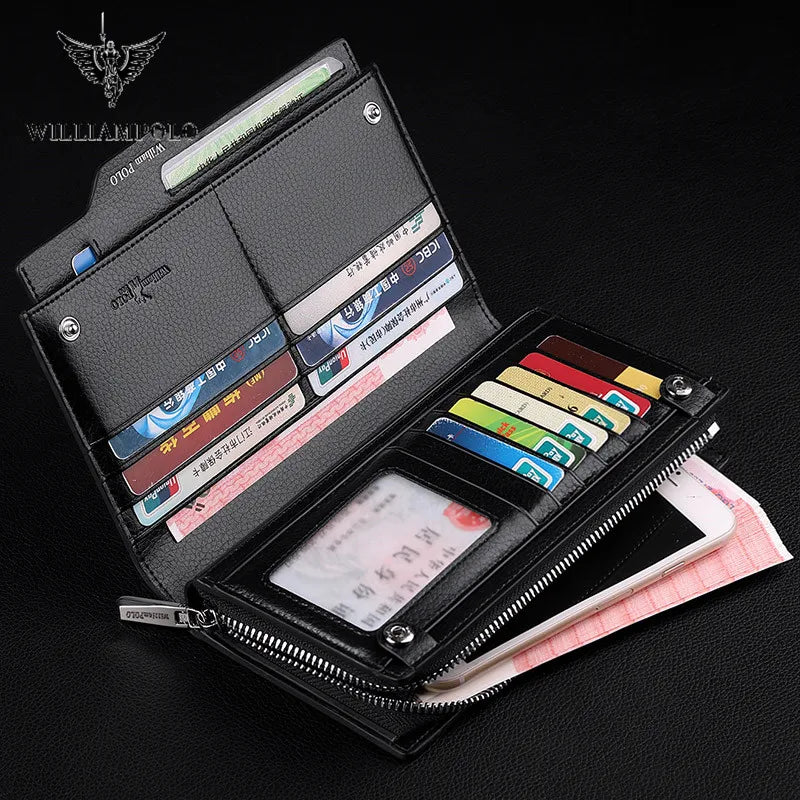 WILLIAM POLO Men’s Long Leather Wallet – Multi-Card Bifold Clutch with Removable Card Holder & Phone Zipper Pocket