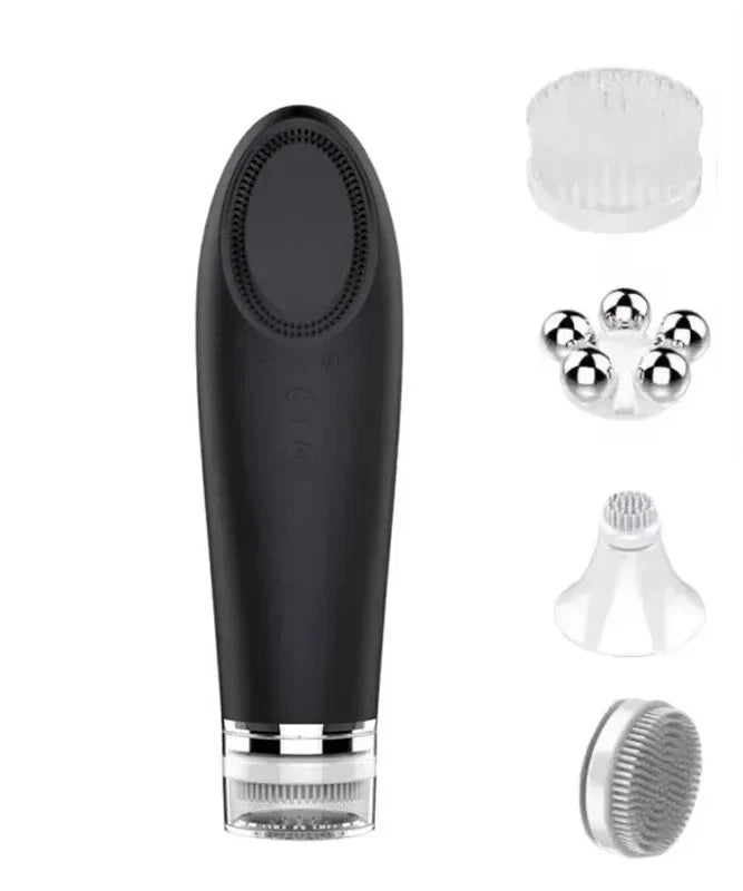 5-in-1 Sonic Electric Facial Cleansing Brush & Thermal Eye Massager – Waterproof Silicone Face Scrubber with Interchangeable Heads