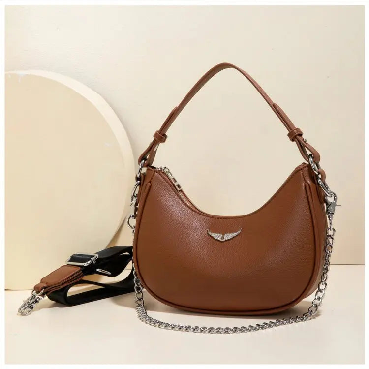 Women's Crescent Moon Shoulder Bag – Faux Leather Hobo Handbag with Silver Chain & Wide Guitar Crossbody Strap