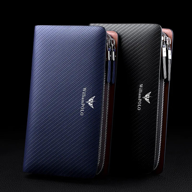 WilliamPOLO Carbon Fiber Pattern Leather Clutch Wallet for Men - Large Capacity Long Purse with Wristlet