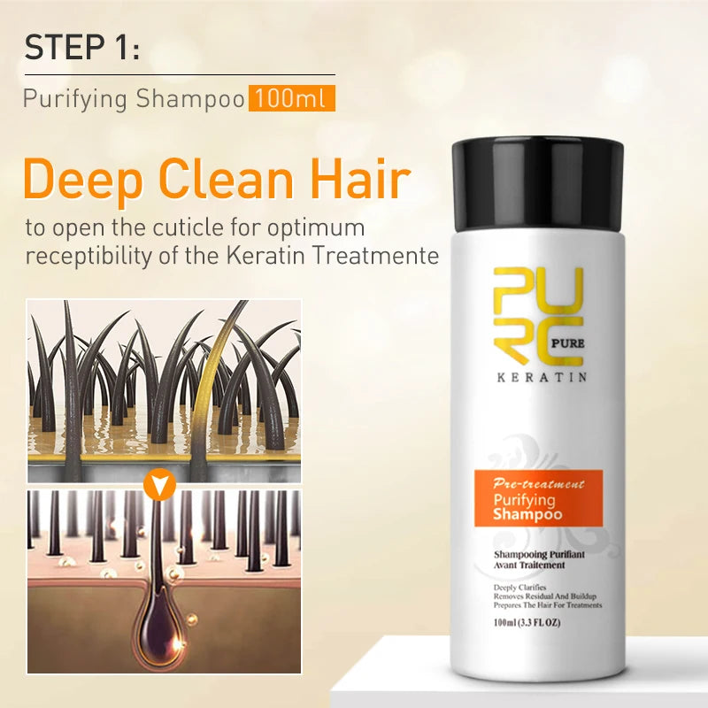 PURC Travel Keratin Treatment & Purifying Shampoo Set (2x 100ml) – Brazilian Straightening & Repair Kit (0%, 8%, 12%)