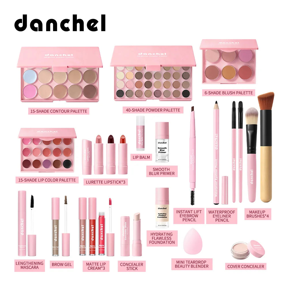 Danchel All-in-One Full-Face Makeup Kit – Ultimate Cosmetics Set with Palettes, Brushes & Travel Bag