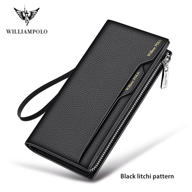 WILLIAM POLO Men’s Long Leather Wallet – Multi-Card Bifold Clutch with Removable Card Holder & Phone Zipper Pocket