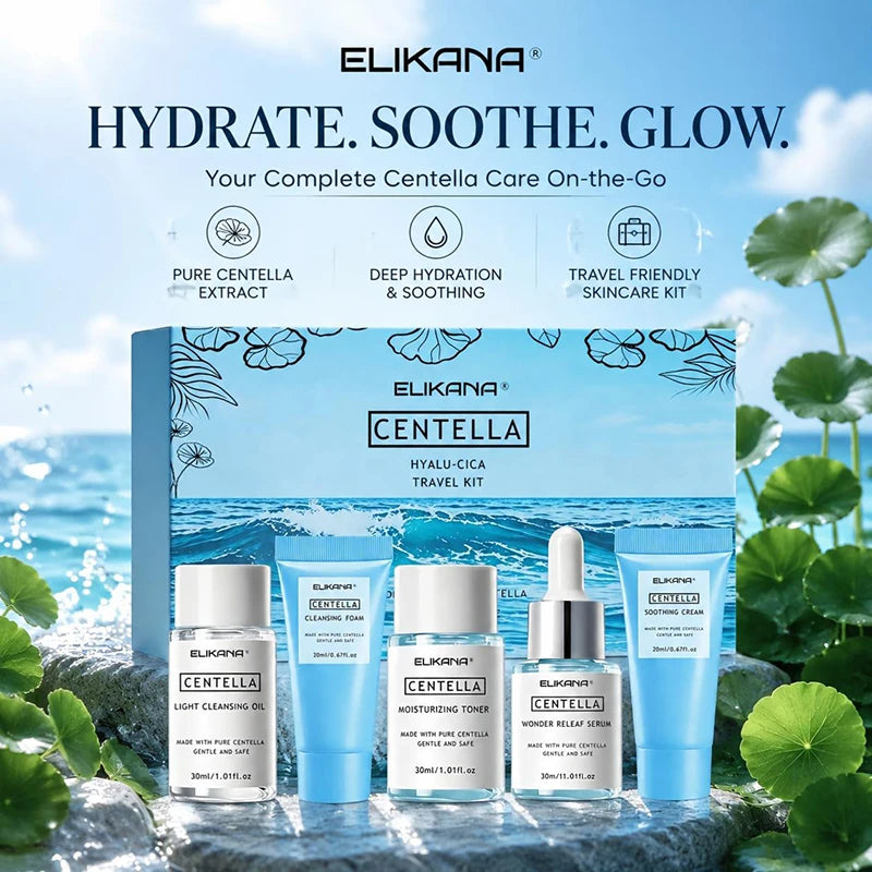 ELIKANA Centella Hyalu-Cica Travel Kit – 5-Piece Soothing & Deep Hydration Skincare Set
