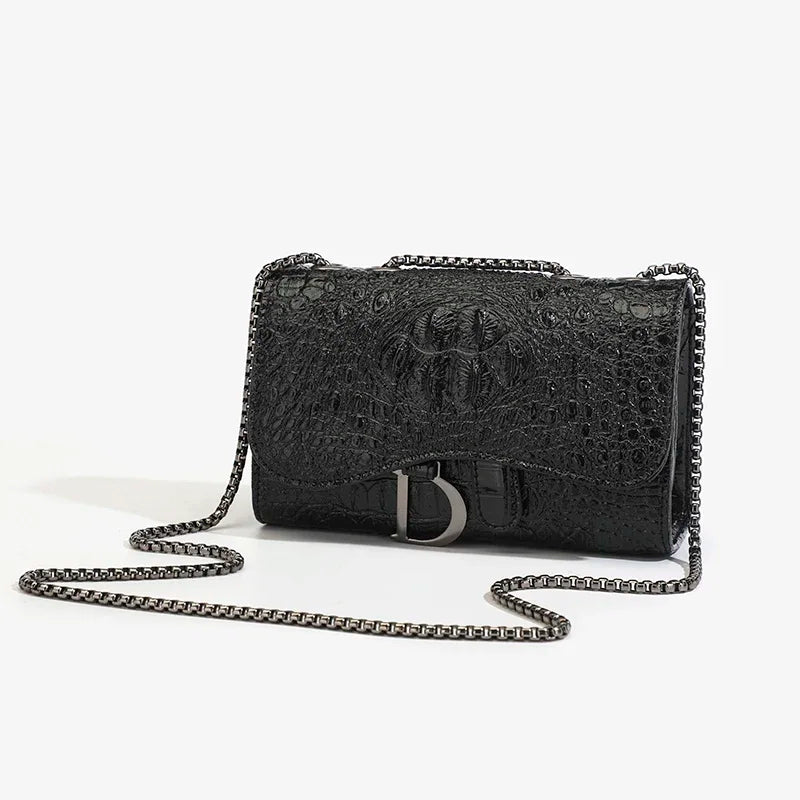 Crocodile Embossed Saddle Flap Crossbody Bag with Gunmetal Chain & Letter Charm