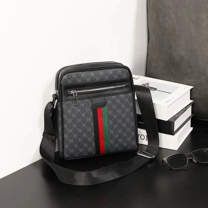 Men's Vintage Monogram Crossbody Bag – Striped Leather Messenger Bag & Casual Shoulder Bag for Travel and Daily Commute