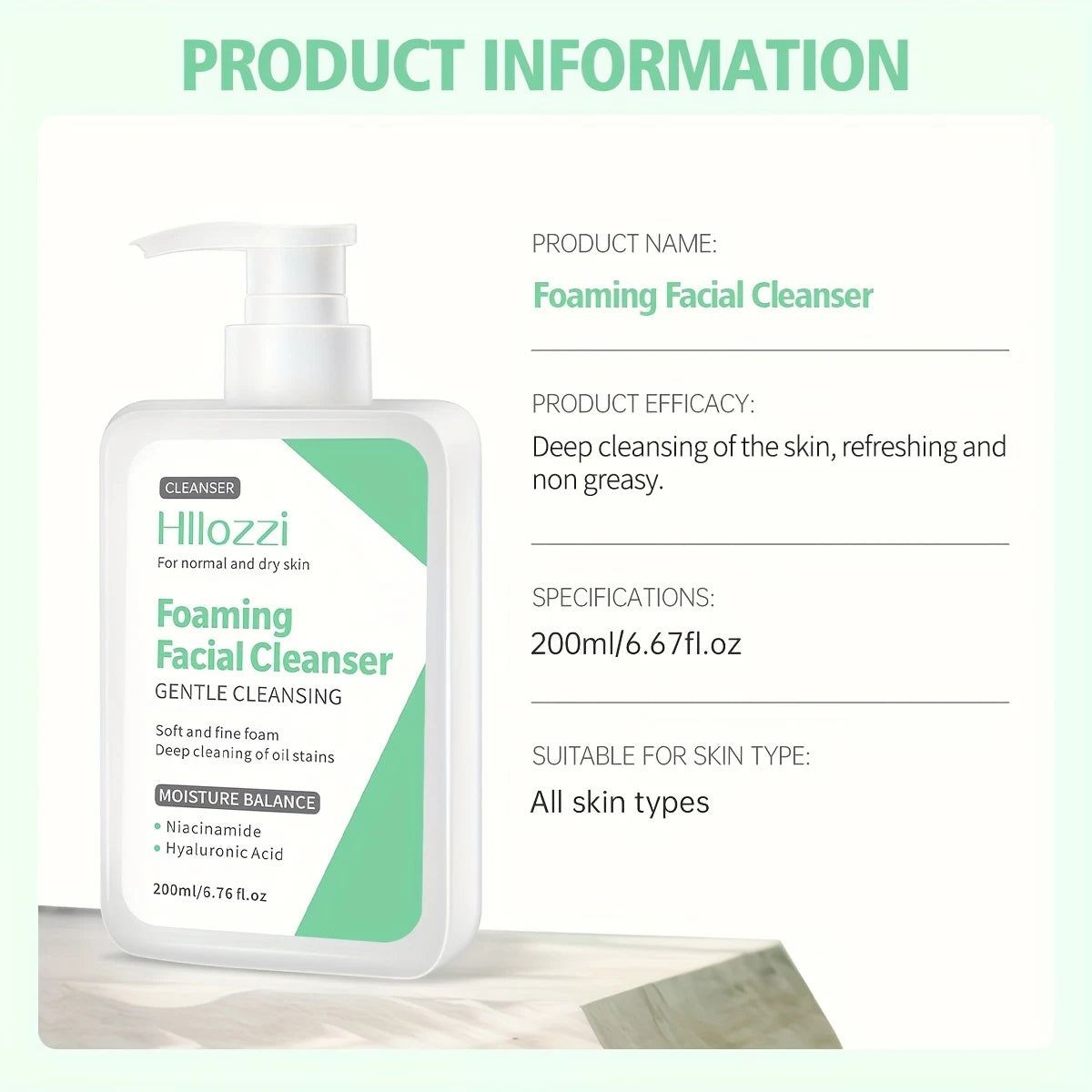 Hllozzi Foaming Facial Cleanser – Gentle Hydrating Face Wash with Niacinamide & Hyaluronic Acid (200ml / 6.76 fl.oz)
